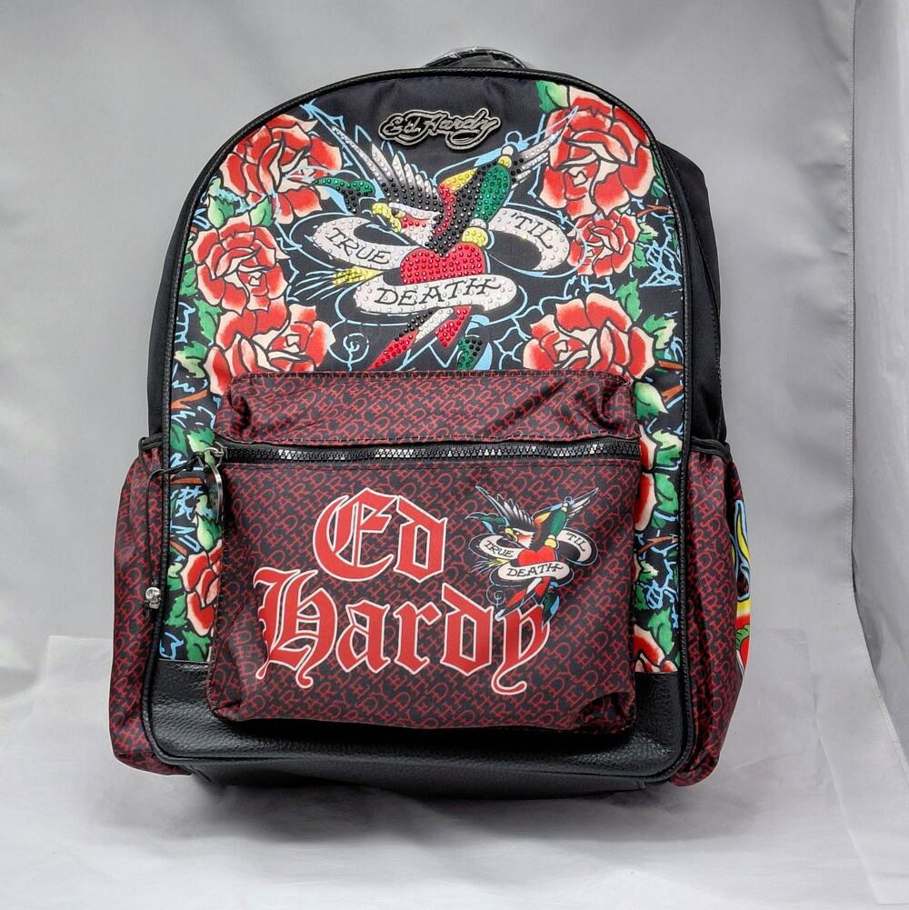 Ed Hardy Womens Backpack True Til Death Rhinestone Tattoo Art Y2K School Gift